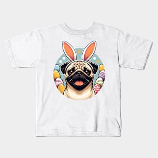 Pug Celebrates Easter with Bunny Ears and Colorful Eggs Kids T-Shirt